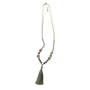 Nakamol Rose Quartz Gray Jasper Grey Tassel Anthropologie Necklace Crystal